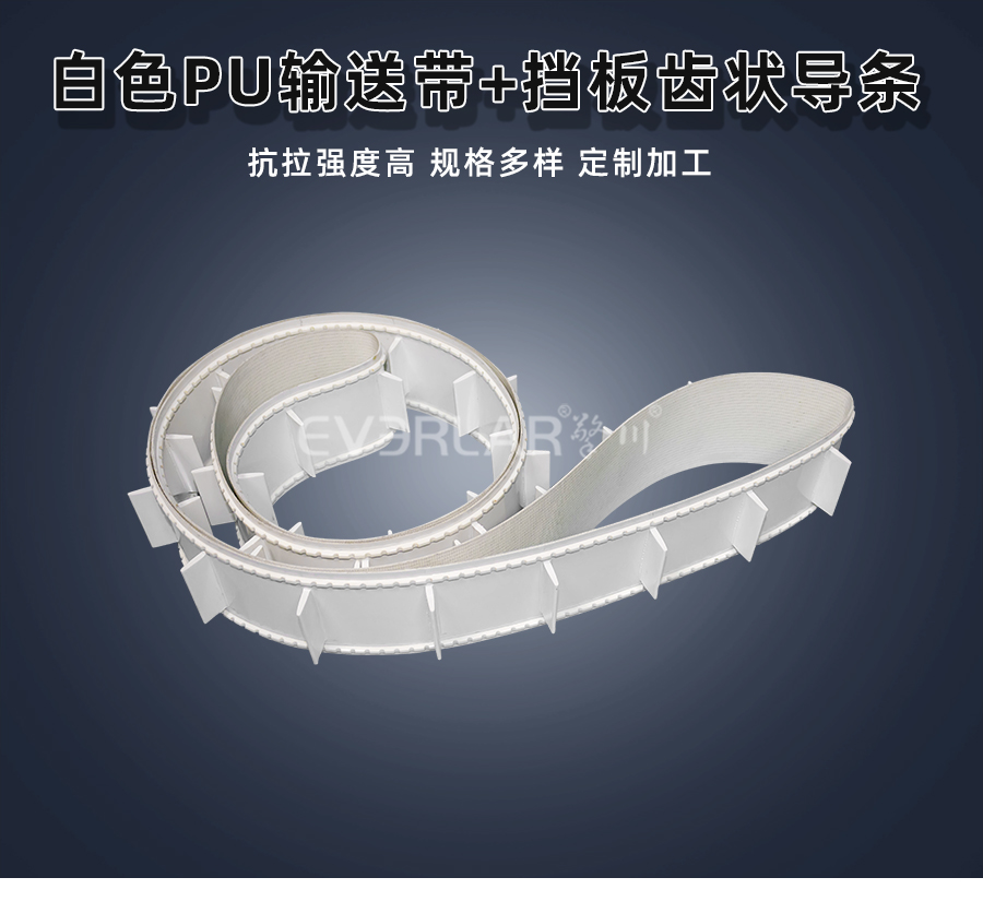 白色PU<a href='http://www.hookf.cn/shusongdai/' target='_blank'><u>輸送帶</u></a>加擋板齒狀導(dǎo)條詳情01